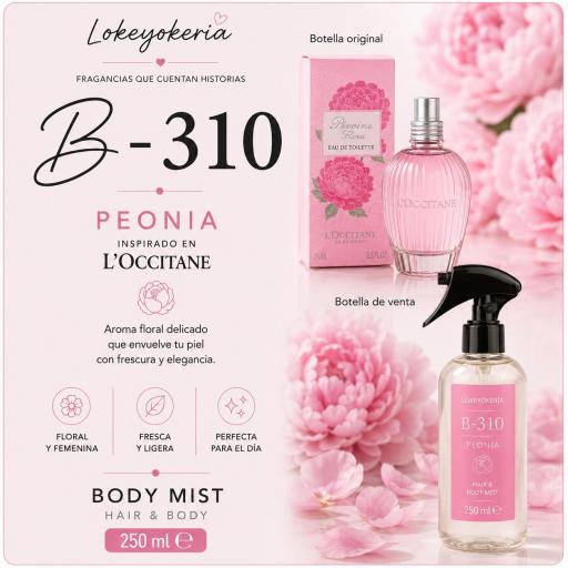 B310 Body Mist Mujer 250 ml | Floral (Inspiración L'Occitane, Pivoine Flora)