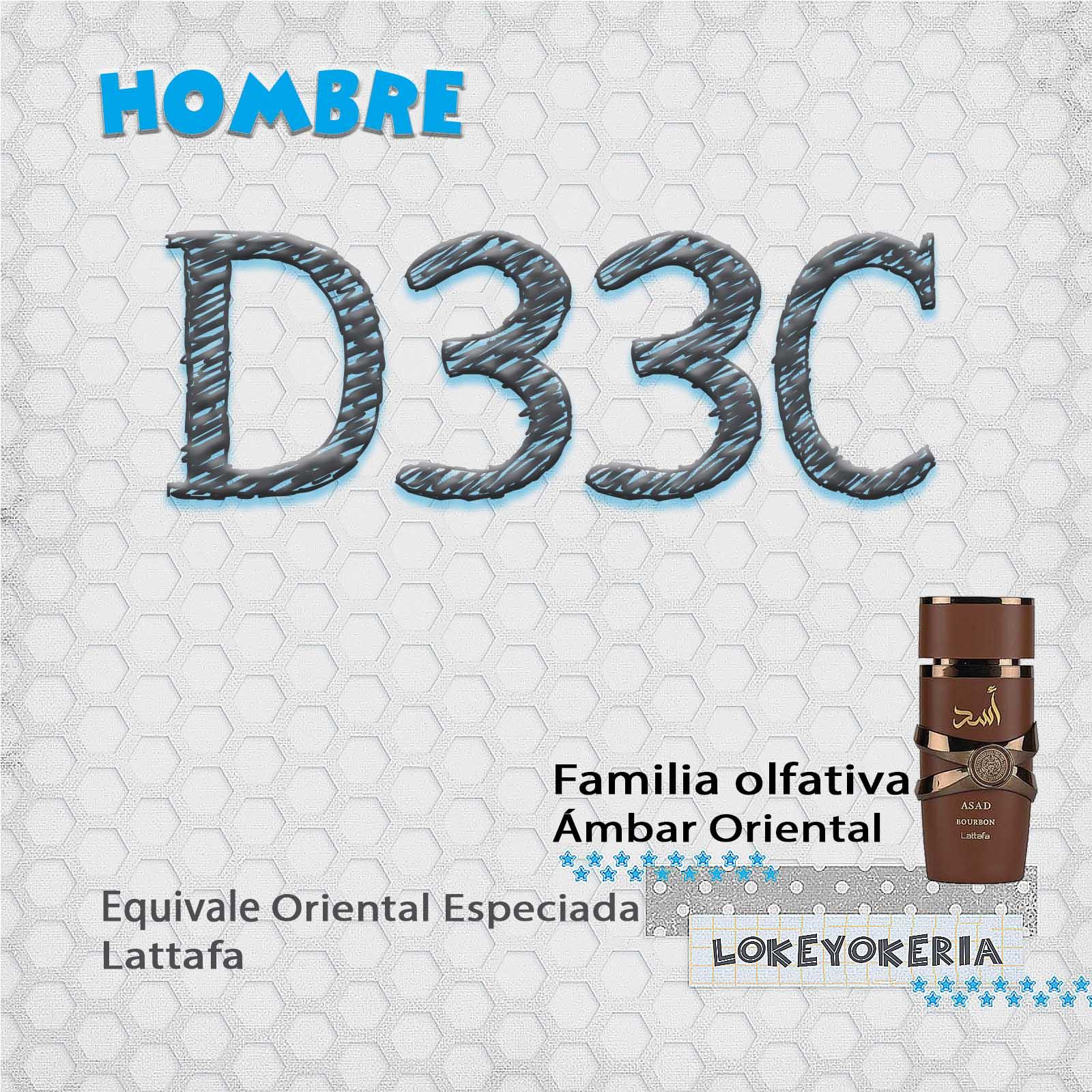 D33C Perfume Equivalencia Hombre | Oriental (Inspiración Lattafa Perfumes, Asad Bourbon)