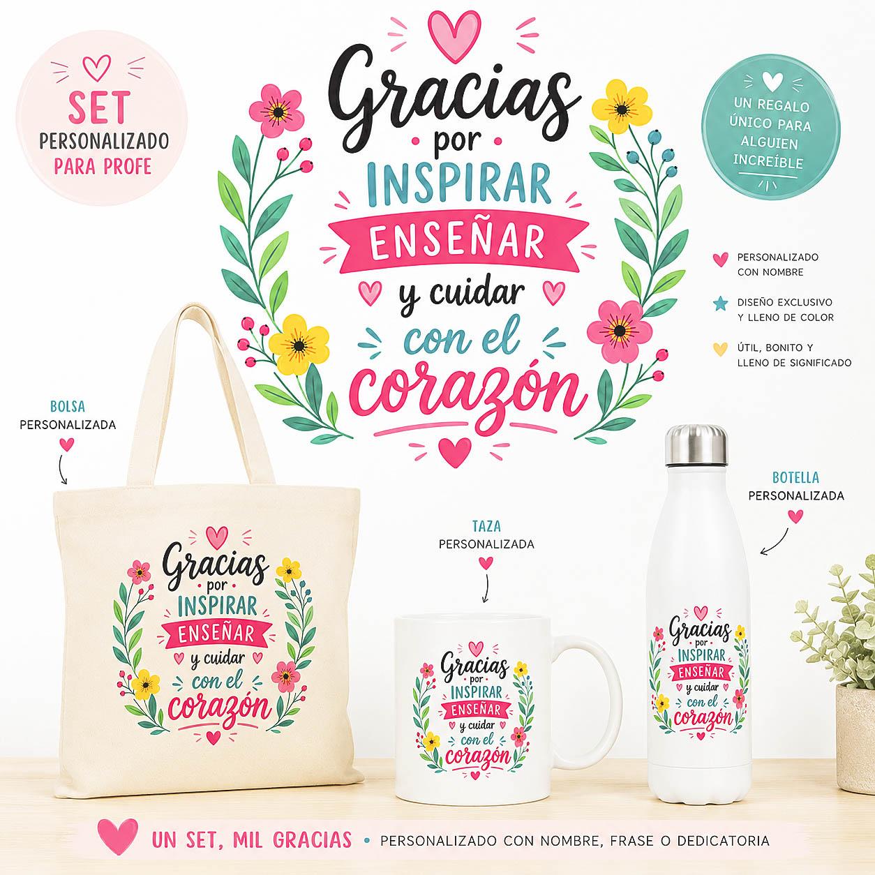 Set personalizado con bolsa, taza y botella | Regalo único a medida