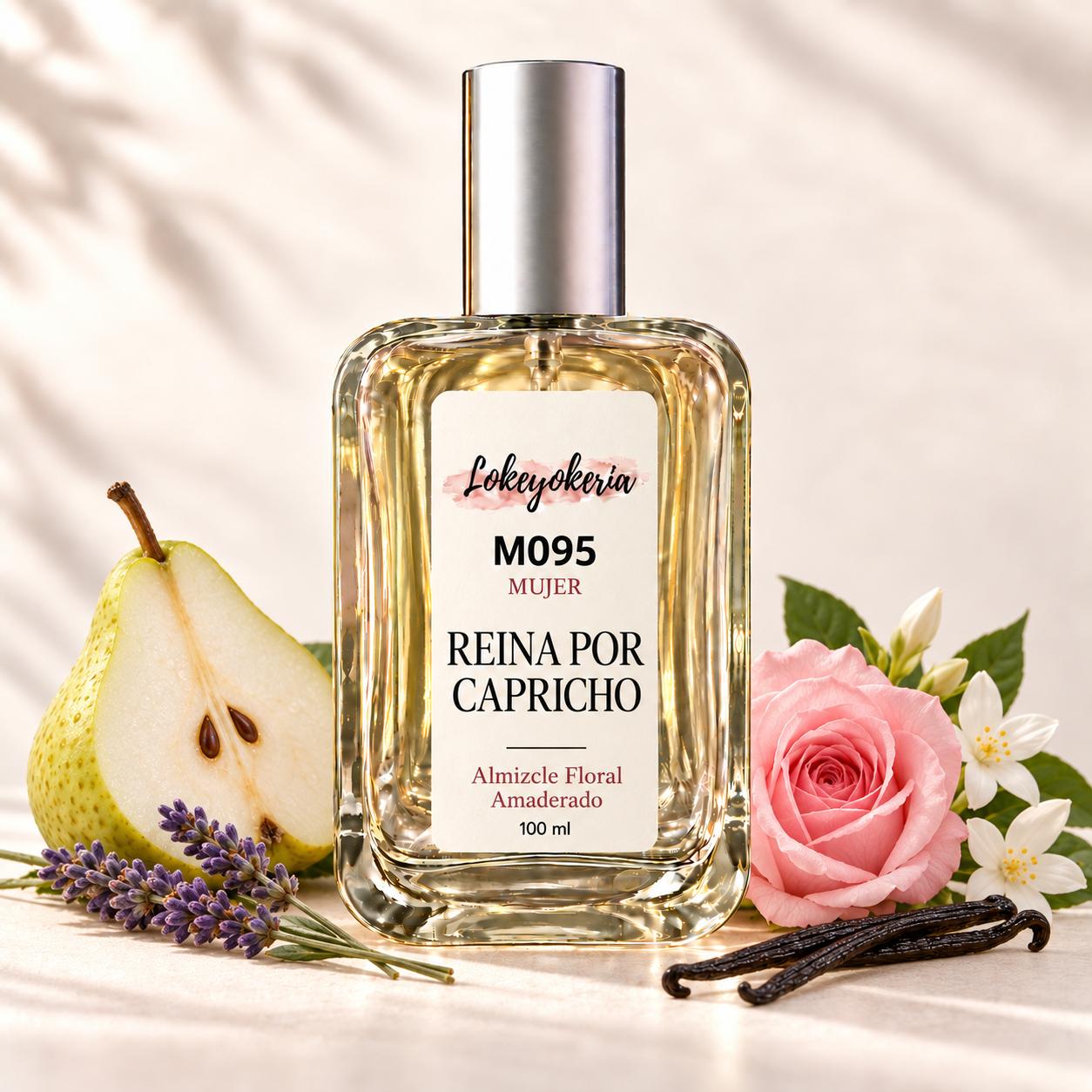 M095 Reina por Capricho de Lokeyokeria, frasco de 100 ml con pera, lavanda, rosa, flores blancas y vainilla
