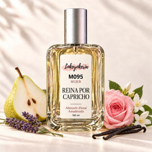 M095 Reina por Capricho de Lokeyokeria, frasco de 100 ml con pera, lavanda, rosa, flores blancas y vainilla