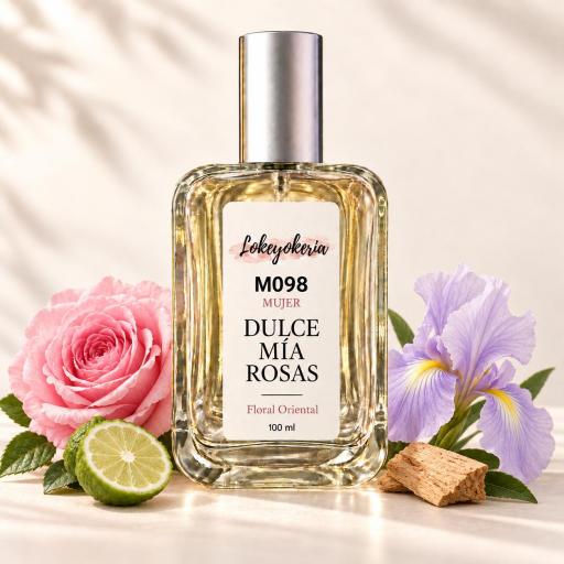 M098 Dulce Mía Rosas de Lokeyokeria, frasco de 100 ml con rosa, iris, bergamota y sándalo