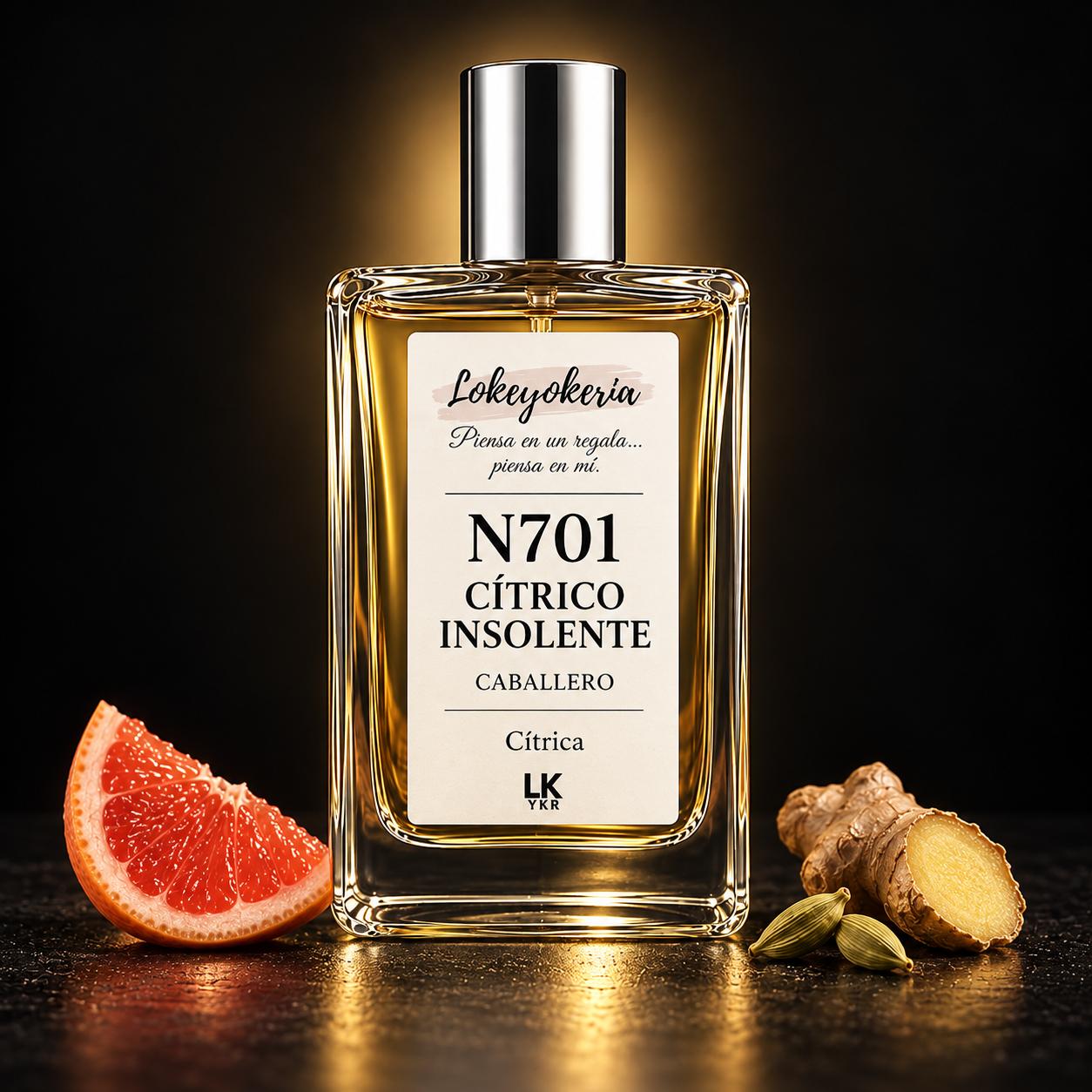 N701 CÍTRICO INSOLENTE de Lokeyokeria, frasco Premium sobre fondo negro con pomelo, jengibre y cardamomo