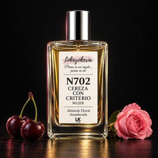 N702 CEREZA CON CRITERIO de Lokeyokeria, perfume Premium para mujer sobre fondo negro con cerezas y rosa [0]