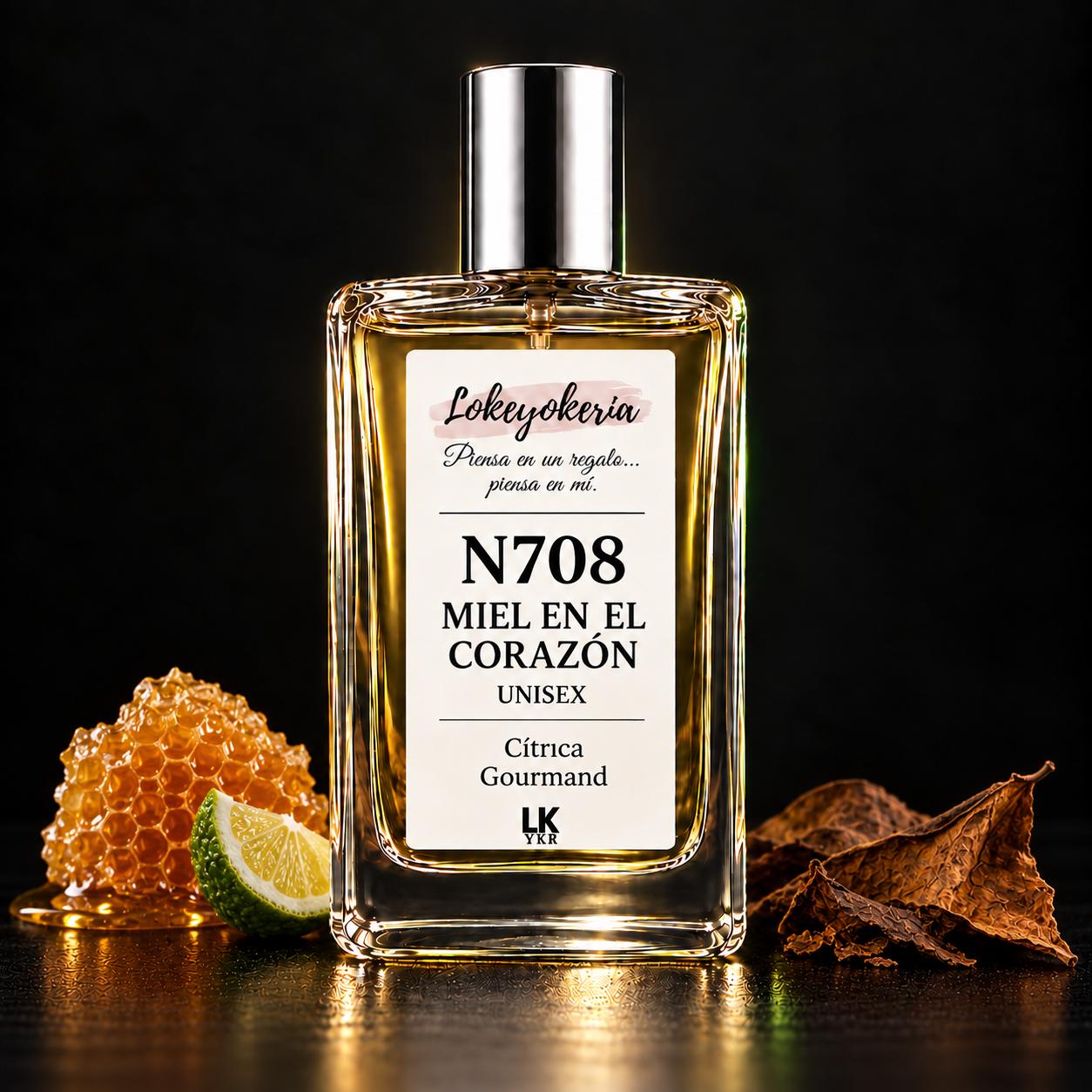 N708 MIEL EN EL CORAZÓN, perfume Premium unisex cítrico gourmand de Lokeyokeria