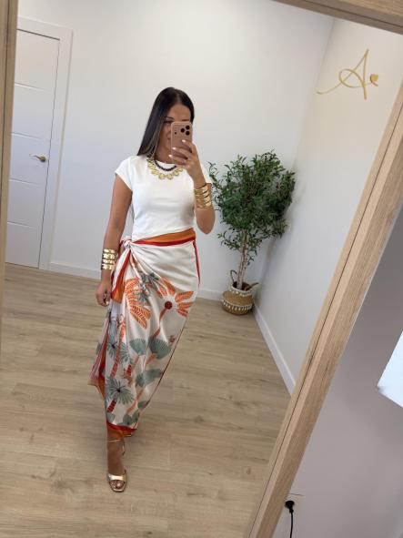 Falda Pareo Larga Naranja y Beige