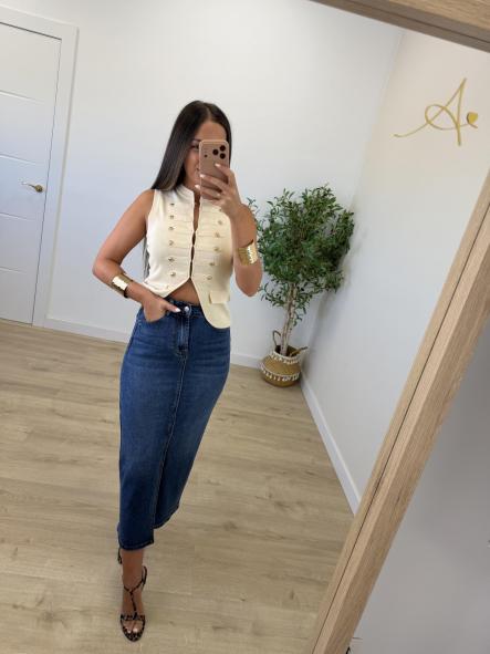 Falda Denim Midi Etiqueta Roja [0]