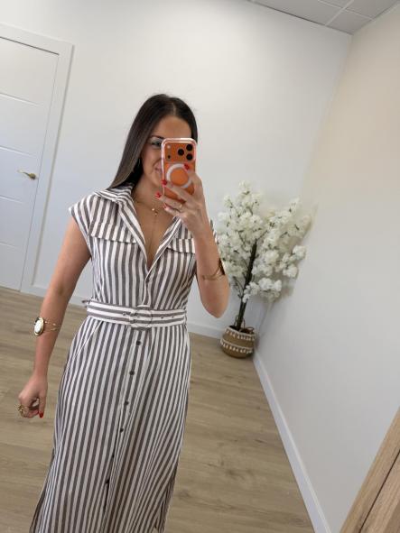 Vestido Camisero Rayitas Camel [1]