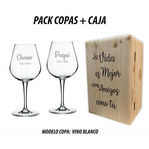 Pack 2 Copas Vino Blanco + Caja Madera