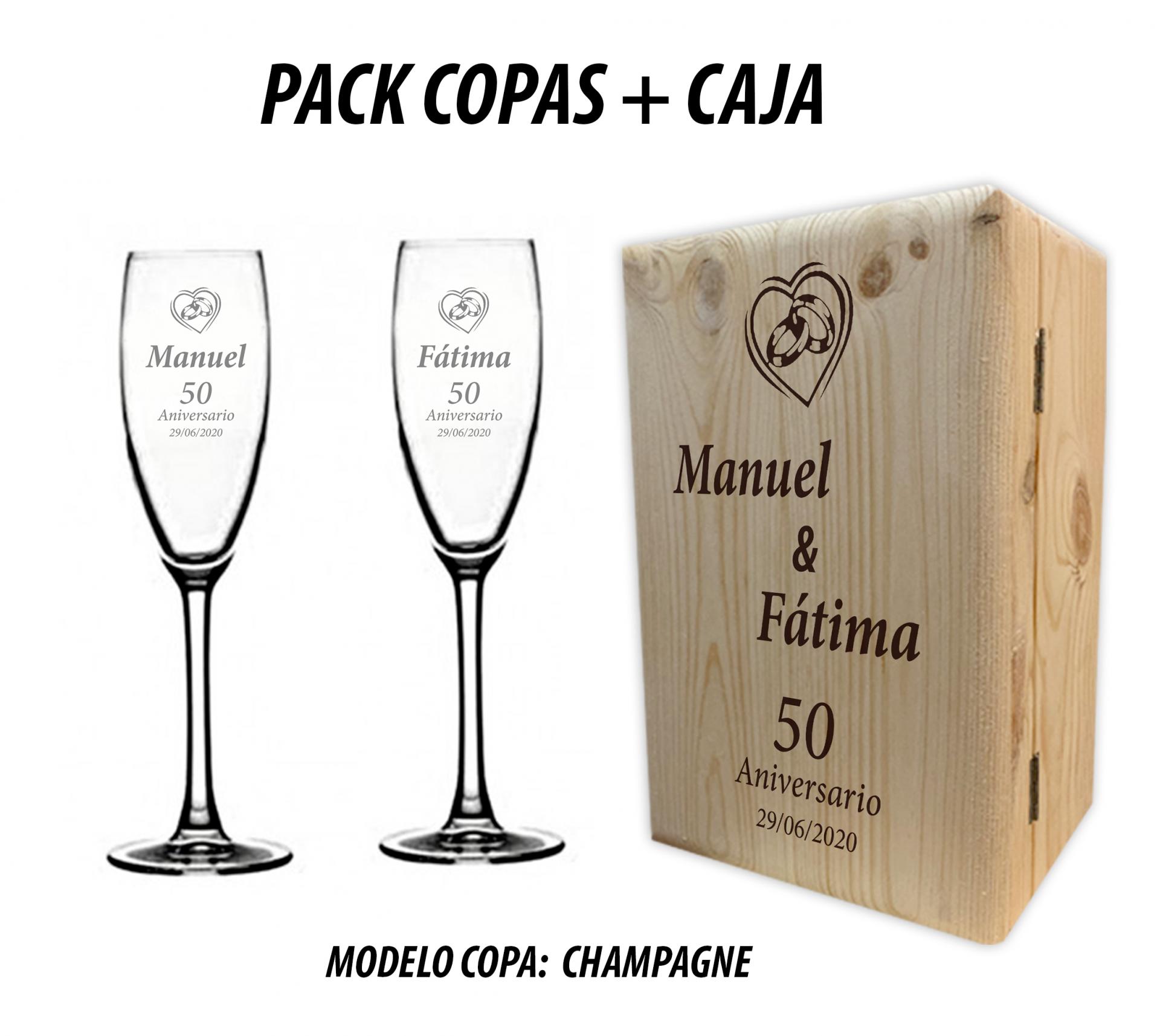 Pack 2 Copas Champagne + Caja Madera