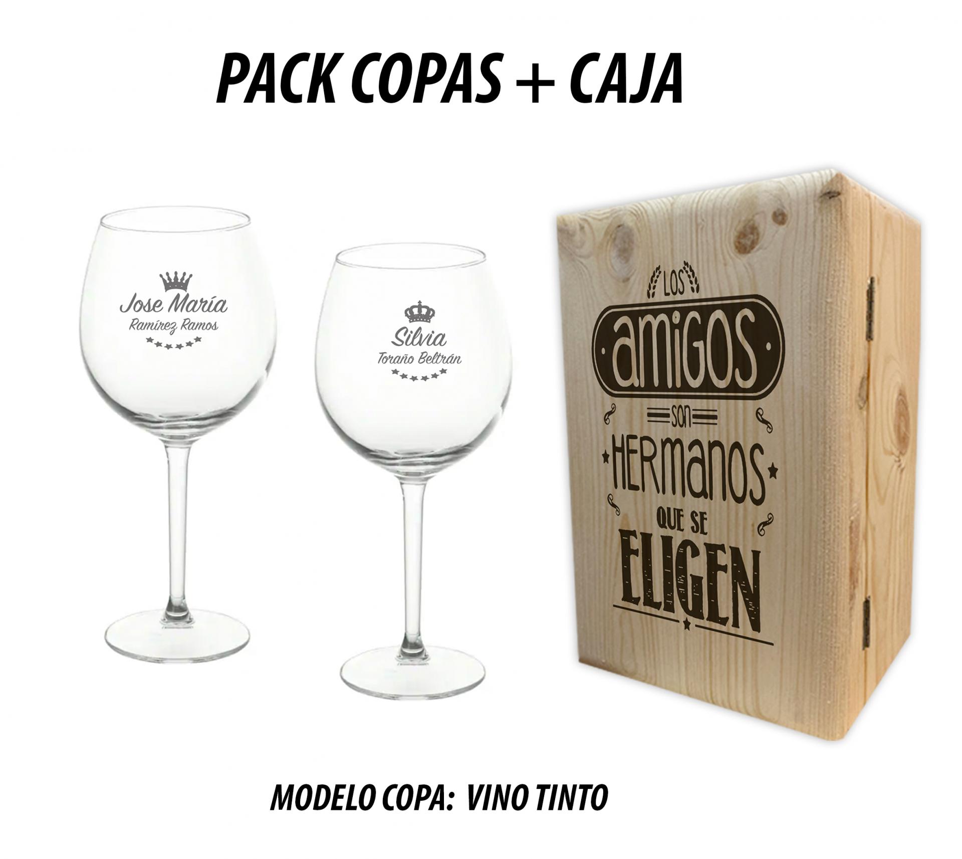 Pack 2 Copas Vino Tinto + Caja  Madera