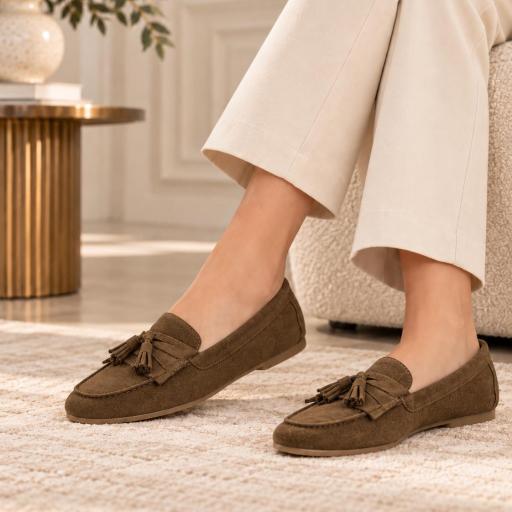 Mocasines de Mujer Efecto Ante con Borlas Verde