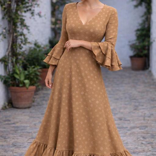 Bata Rociera de Lunares con Escote en V y Tejido Elástico Camel