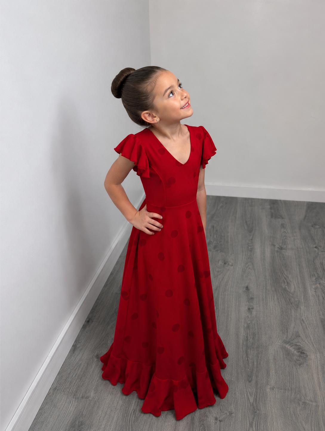 Bata Rociera de Lunares Elástica para Niña – Vestido Flamenca Largo con Volantes Alice