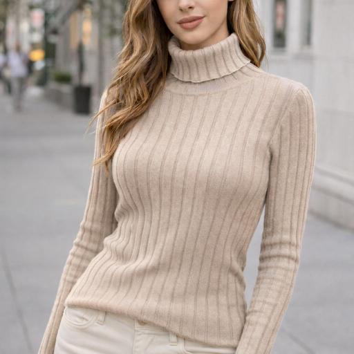 Jersey Beige Elegante Punto Canalé con Cuello Alto