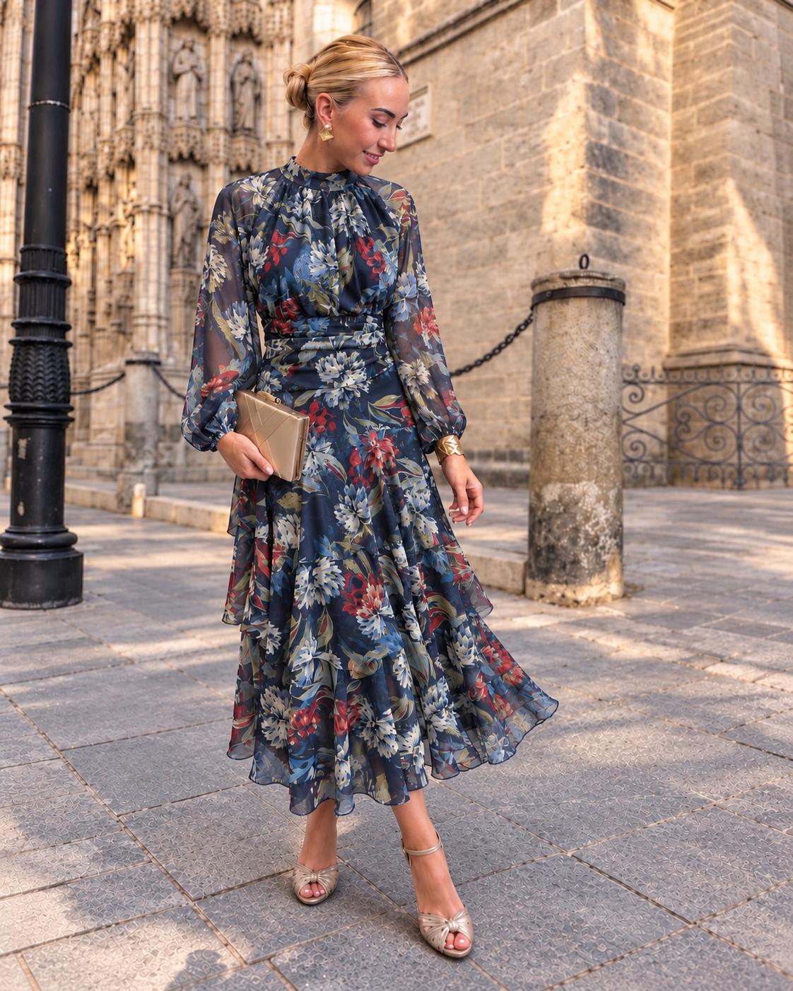 Vestido Largo Floral Elora de Invitada con Manga Larga y Cintura Drapeada Azul