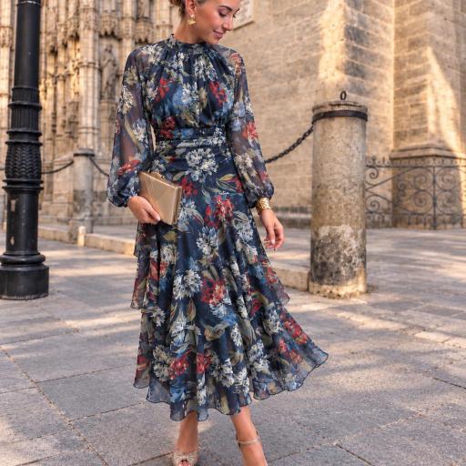 Vestido Largo Floral Elora de Invitada con Manga Larga y Cintura Drapeada Azul