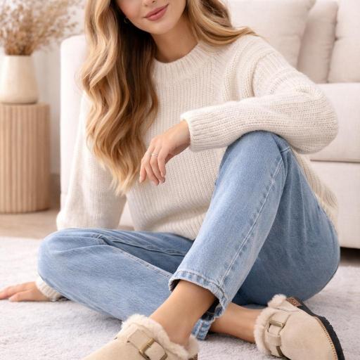 Zueco forrado cálido con hebilla para mujer Beige