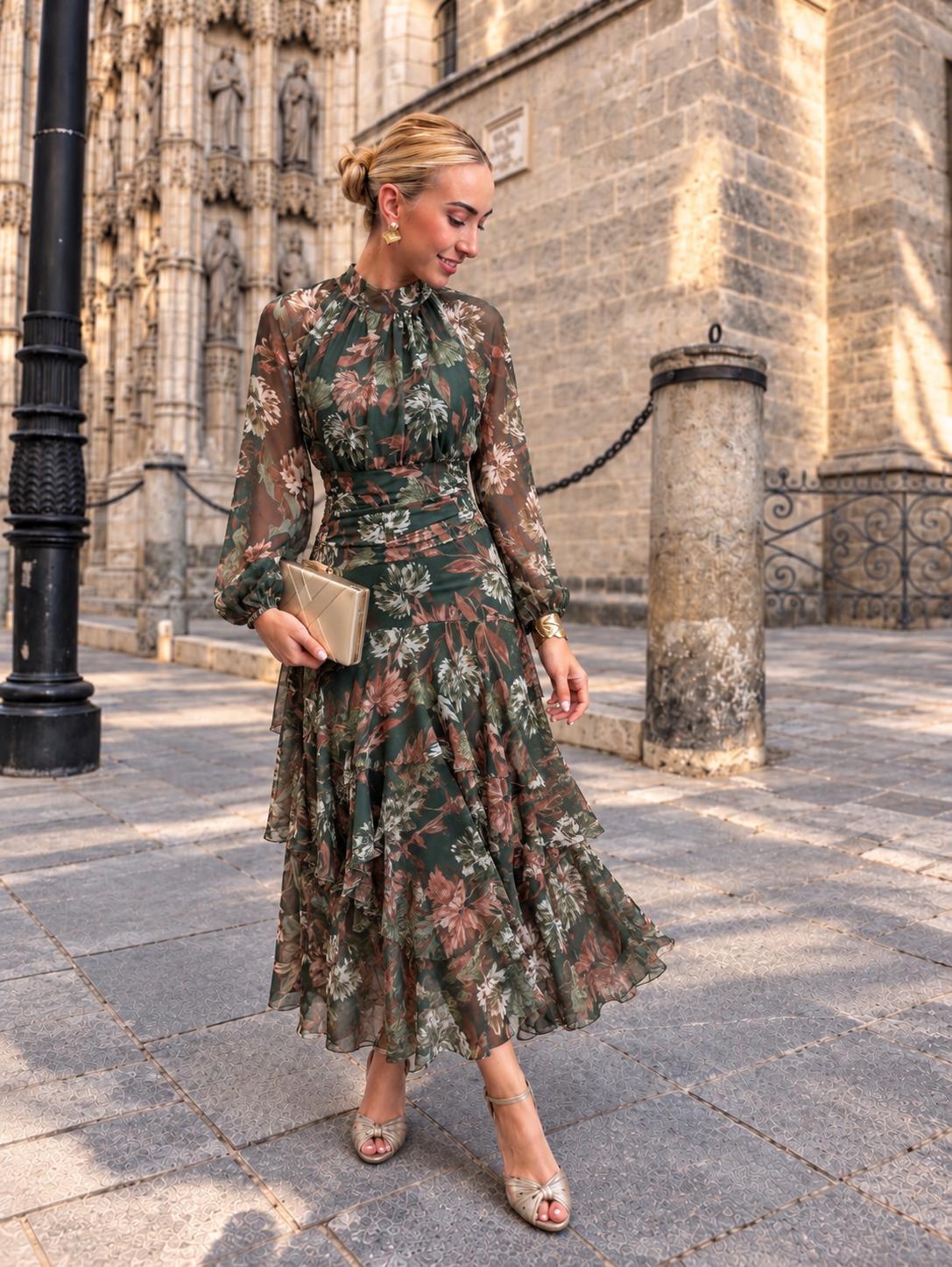 Vestido Largo Floral Elora de Invitada con Manga Larga y Cintura Drapeada Verde