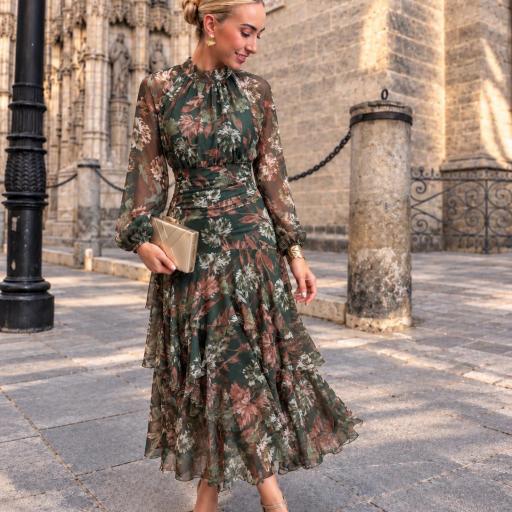 Vestido Largo Floral Elora de Invitada con Manga Larga y Cintura Drapeada Verde