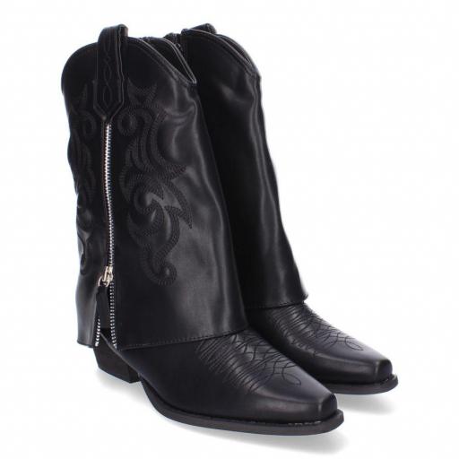 Botas de Tacón para Mujer, Estilo Cowboy Polaina, Negro piel