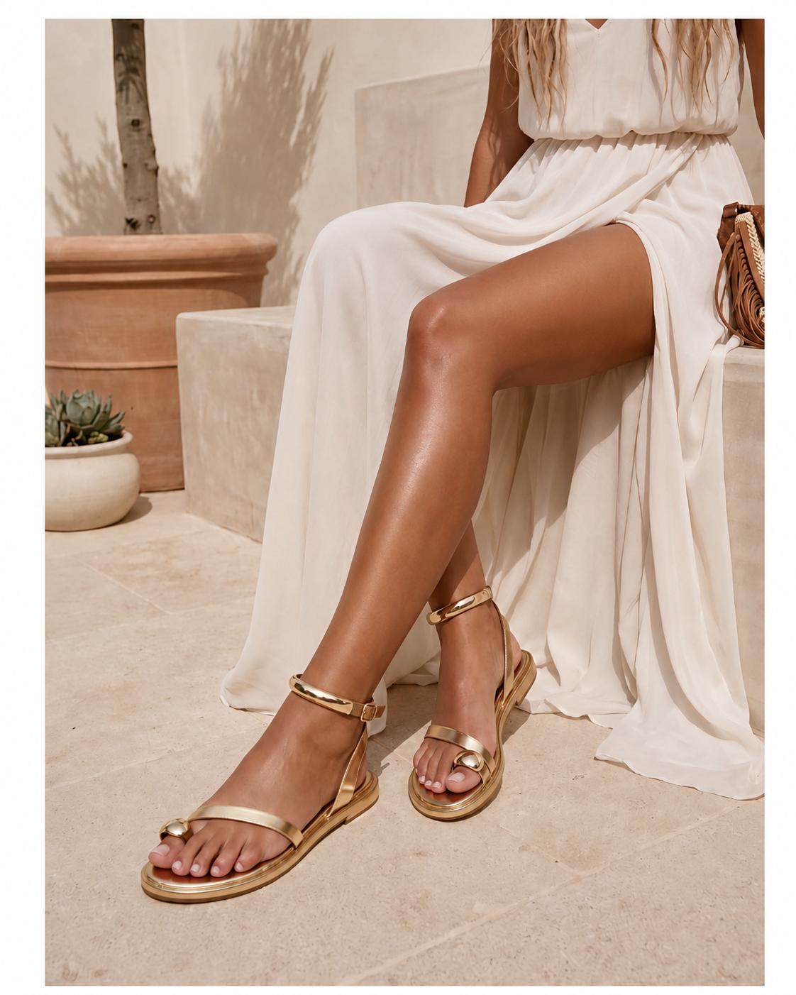 Sandalias Planas Oro con Detalles Dorados para Mujer | Sandalias Romanas