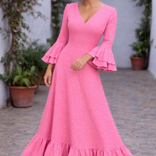 Bata Rociera de Lunares con Escote en V y Tejido Elástico Rosa