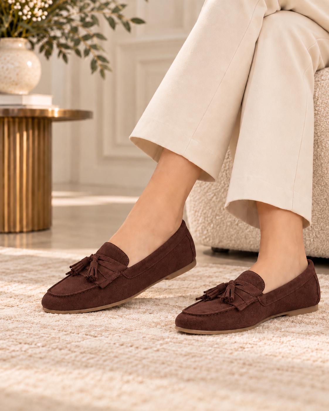 Mocasines de Mujer Efecto Ante con Borlas Marrón