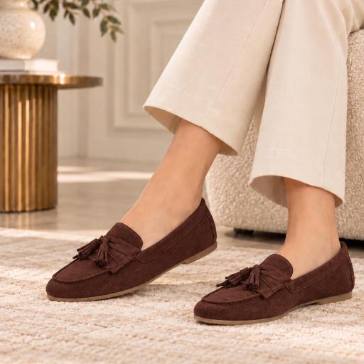 Mocasines de Mujer Efecto Ante con Borlas Marrón 