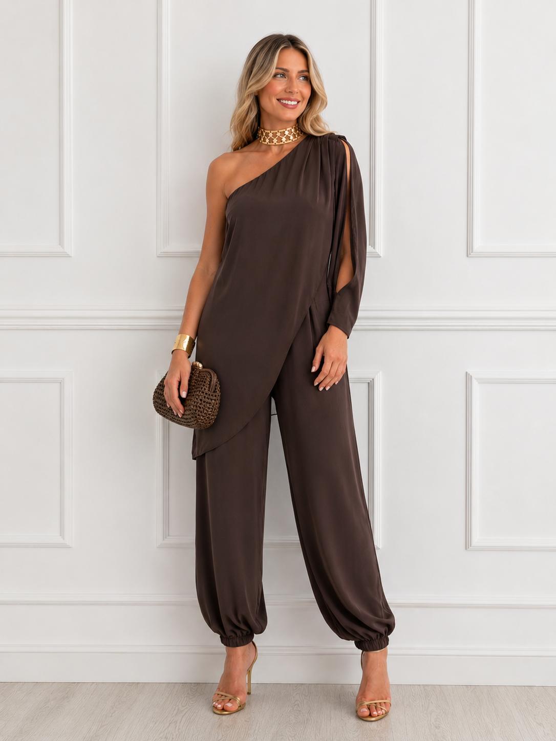Mono Asimétrico Elegante Mujer | Mono Fiesta Elisa Marrón