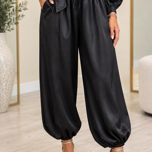 Pantalón Bombacho Satinado Negro Mujer | Mälika [1]