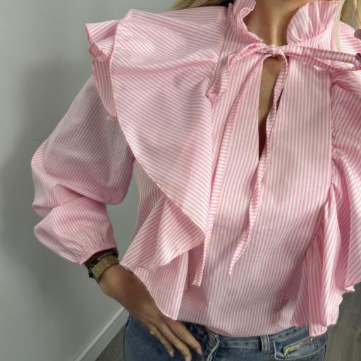 Blusa Rosa de Rayas con Volantes y Lazo Fucsia [1]