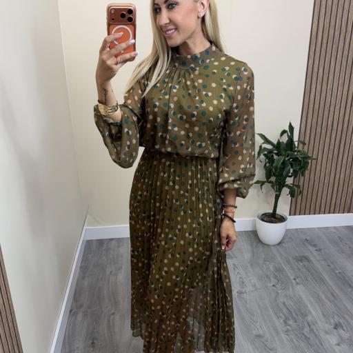 Vestido Olivia Midi Plisado de Lunares Mujer Verde