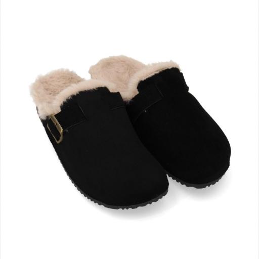 Zueco forrado cálido con hebilla para mujer Negro [2]