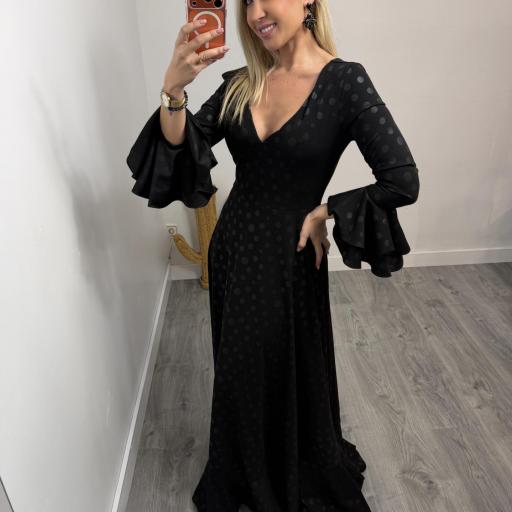 Bata Rociera de Lunares con Escote en V y Tejido Elástico Negro