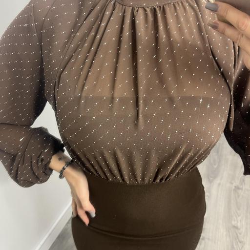 Vestido Marrón con Brillo y Espalda Abierta con Lazo  [1]