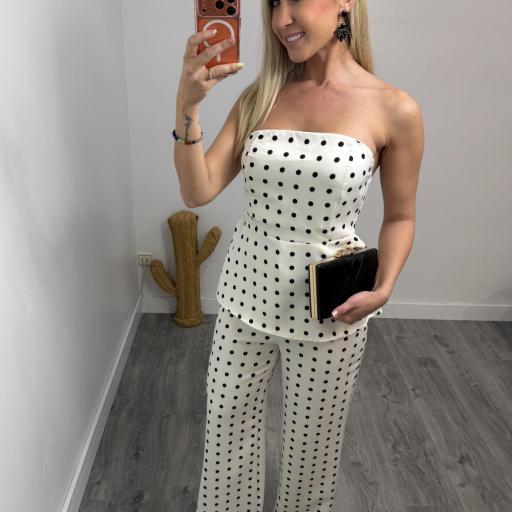 Conjunto Mujer Lunares Blanco y Negro – Top Bandeau + Pantalón Fluido