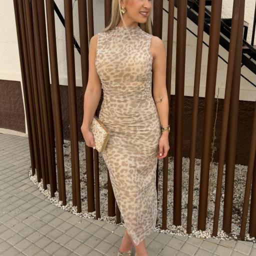 Vestido Midi Ajustado Animal Print Beige | Vestido Elegante Mujer [0]