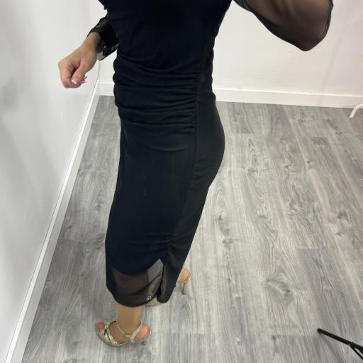 Vestido Negro Midi de Tul Fruncido Mujer  [1]