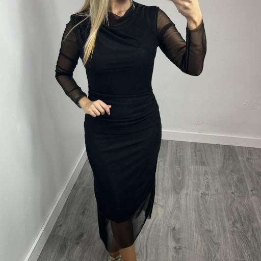 Vestido Negro Midi de Tul Fruncido Mujer 