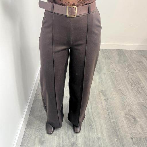 Pantalón Palazzo de Paño con Cintura Alta Marrón  [1]