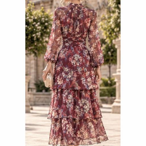 Vestido Largo Floral Elora de Invitada con Manga Larga y Cintura Drapeada Buganvilla  [2]
