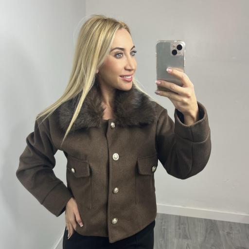 Chaqueta Mujer con Cuello de Pelo Marrón