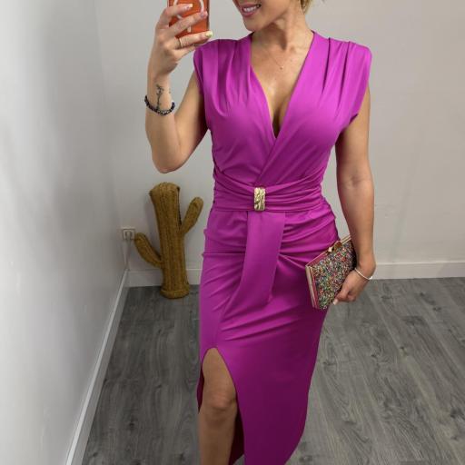 Vestido Fiesta Fucsia Midi Elegante con Escote Cruzado y Abertura [0]