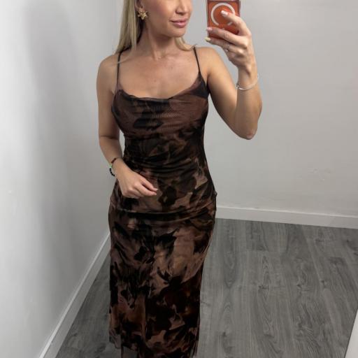 Vestido Midi Estampado Marrón Mujer Care