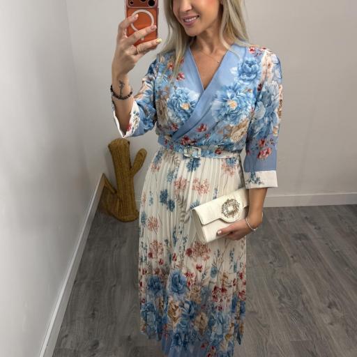 Vestido Midi Floral Elegante para Invitadas Azul