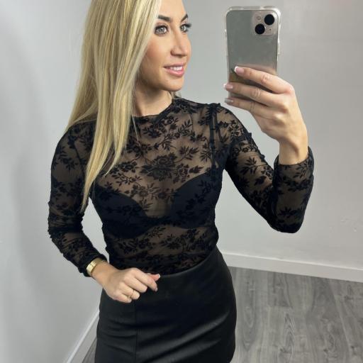 Top Mujer Transparente Floral Negro