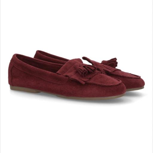 Mocasines de Mujer Efecto Ante con Borlas Burdeos
