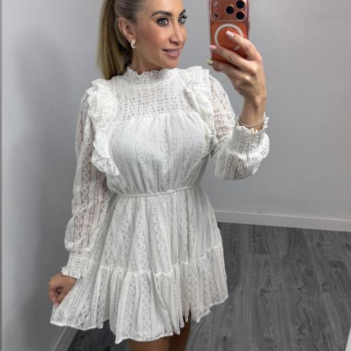 Vestido Blanco Corto de Encaje con Volantes Vanira [0]