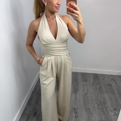 Mono Halter Mujer Elegante con Cintura Elástica y Pierna Ancha | Malika Beige